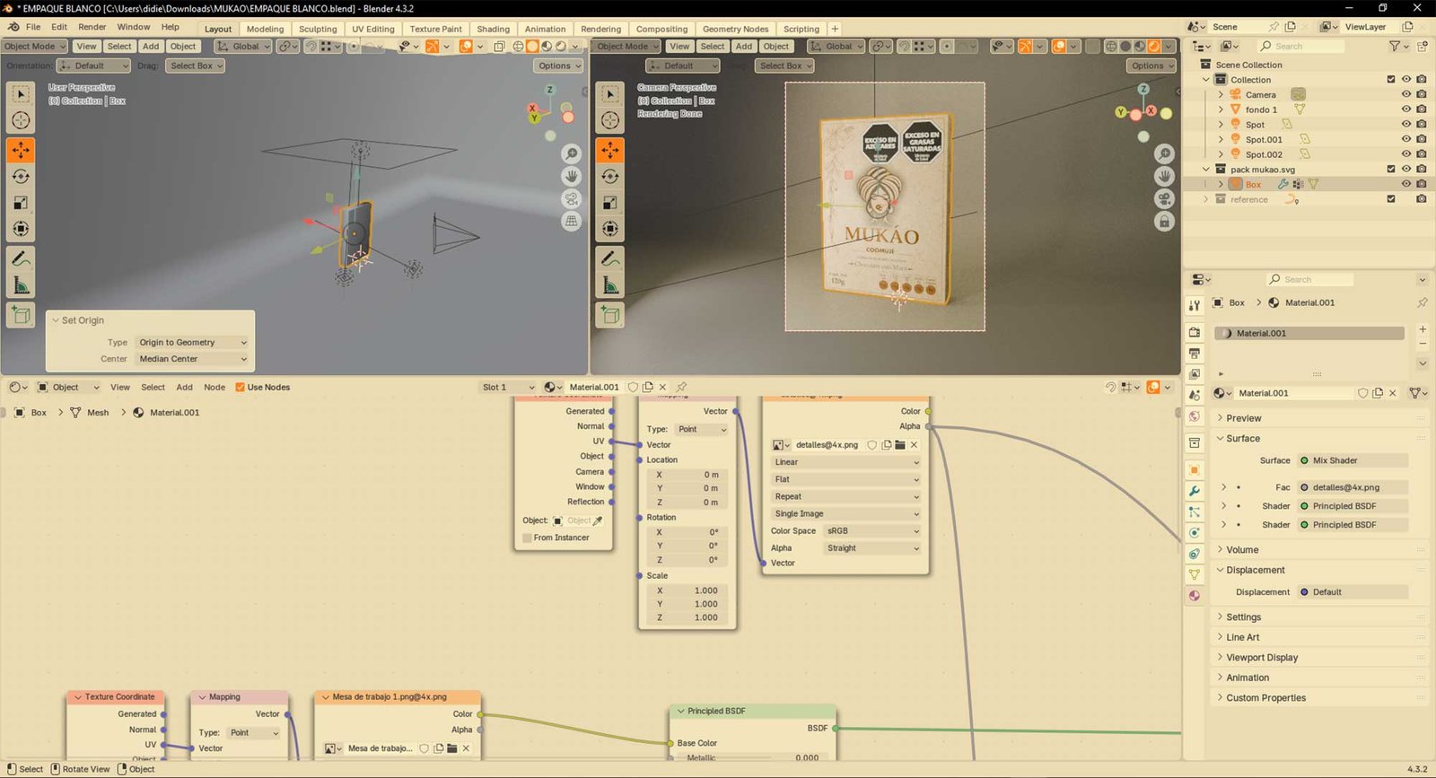 MUKÁO — proceso 3D, escena y materiales